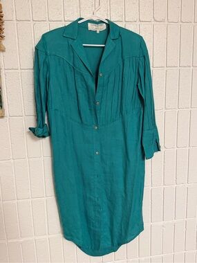 Vintage Teal Italian Linen Button-Front Linen Shift Dress